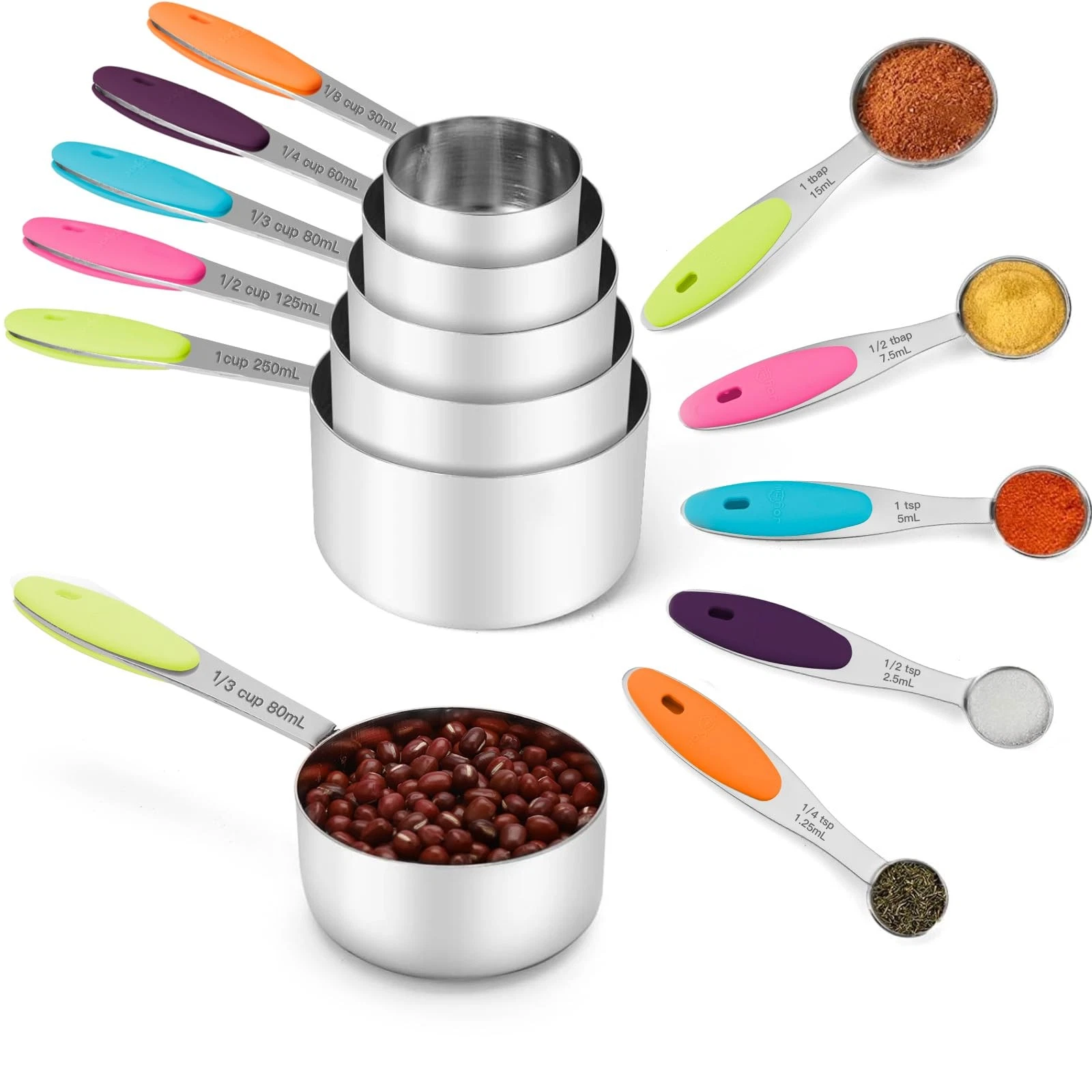 Stainless Steel Measuring Cups and Spoons Set of 10 Piece, Nesting Metal Meas...