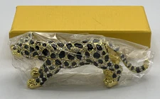 Leopard Trinket Box Jeweled Enamel Rhinestone Large 6" Long Original Box
