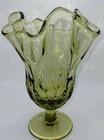 Vintage Fenton Colonial Green Thumbprint Handkerchief Swung Vase Footed 7.5 in