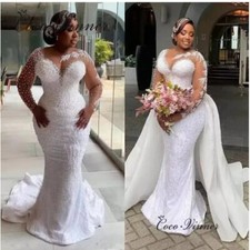 Customized Pearls Beading 2 IN 1 Wedding Dress Train Lace Up Plus Size Luxury