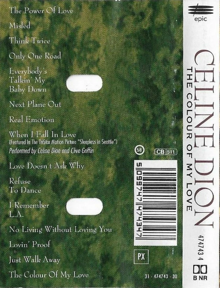 Celine Dion The Colour Of My Love CASSETTE ALBUM Epic 474743 4 Soft Rock Ballad - Image 3 of 4