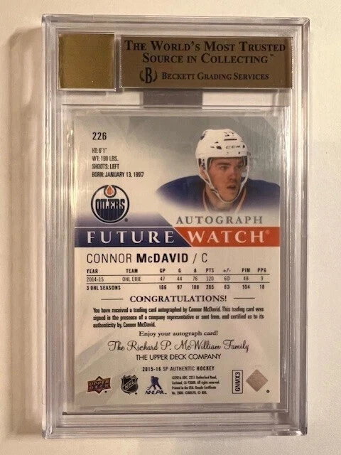 Connor McDavid 2015-16 SP Authentic Future Watch Auto RC #226 BGS 9.5 Gem Mint - Image 2 of 3