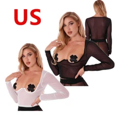 Womens Bra Long Sleeve Crop Tops Quarter Cups Exposed See Through Mesh Shirts