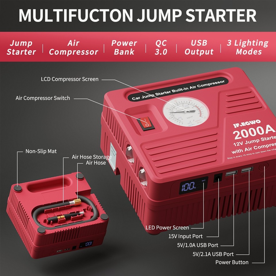 20000mAh Car Jump Starter + Air Compressor Tire Inflator Battery