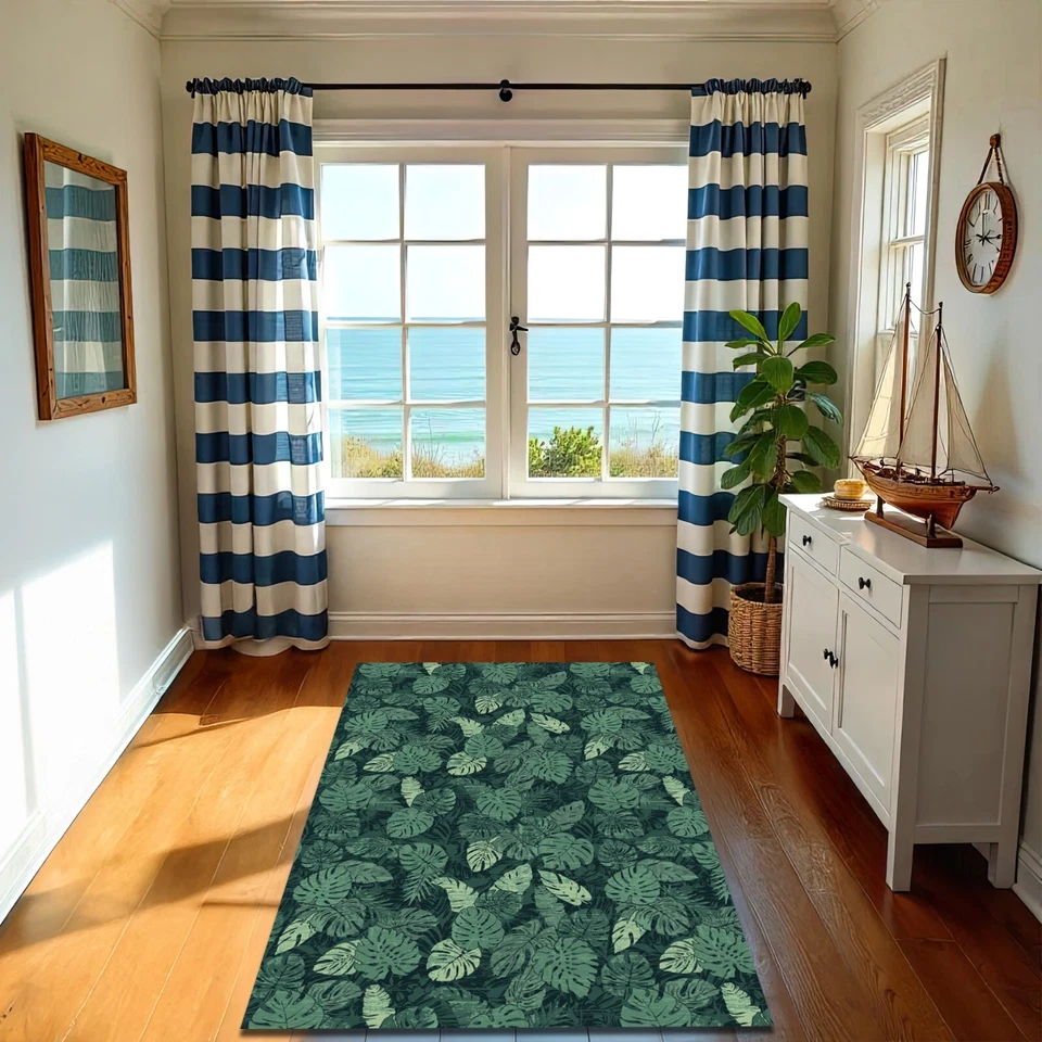 Alfombra botánica con patrón de hojas tropicales alfombra costera verde alfombra de cocina decoración Foto 2 de 3