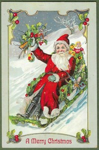 Santa-Claus-on-Sled-with-Holly-amp-Toys-Antique-Embossed-Christmas-Postcard-k388