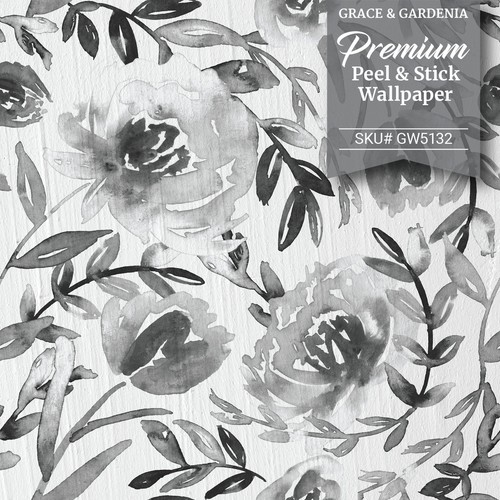 GW5131 Grace & Gardenia Gray Floral Peel and Stick Wallpaper Roll 20.5in x 18ft - Picture 2 of 5