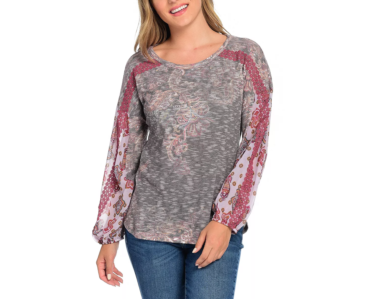 NEW One World Textured Knit & Chiffon Lace Trimmed Lantern Sleeve