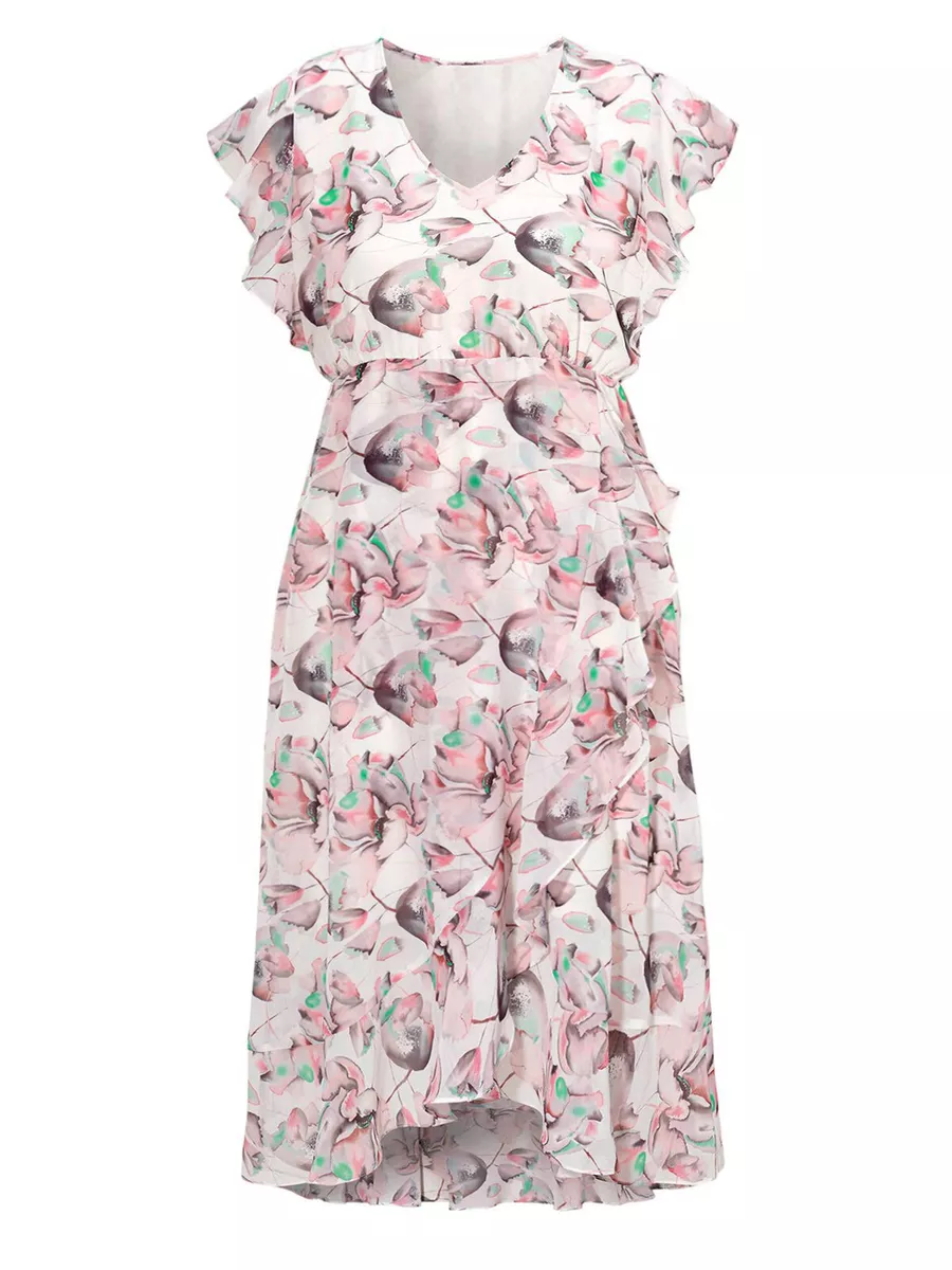 White Floral Print Frill Detail Midi Dress