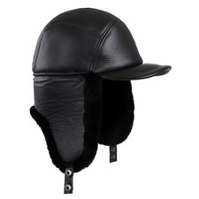 Unisex Genuine Shearling Wool Leather Trapper Hat Peaked Ushanka Russian Fur Cap