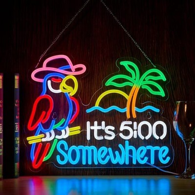 Parrot Its 5 00 O'clock Some Where Neon Sign for Wall Decor Blue, White, Red
