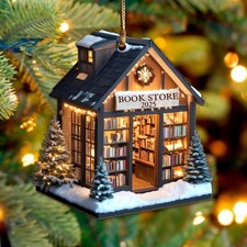 Pack 2 Book Store Christmas Ornament 1 Wood 1 Acrylic , 2025 library Christm...