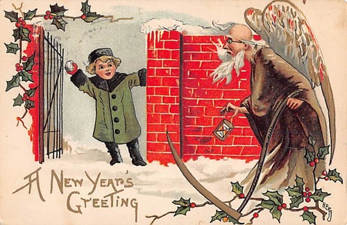 EMBOSSED ARTIST HBG NEW YEAR PC, FATHER TIME SNOWBALL, Pub. L & E used 1908