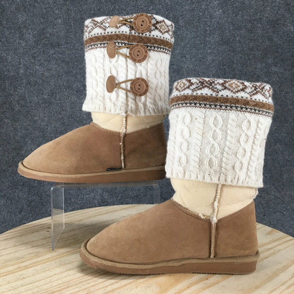 Botas Muk Luks para mujer 10 Cheryl Pull On media pantorrilla botas de invierno tela blanca marrón Foto 2 de 4
