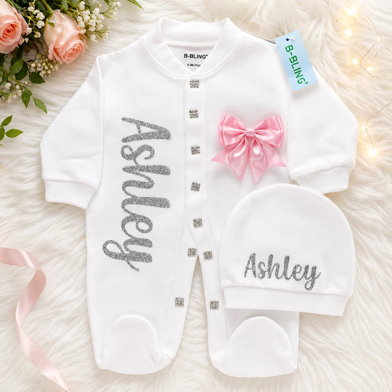 Personalised baby clothes vinyl Jumpsuit set with cap and mittens