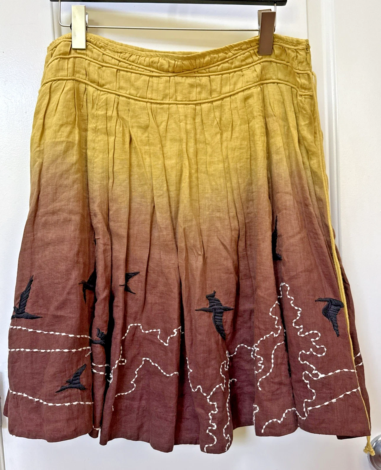 Anthropologie Lithe Women’s Skirt 14 Brown Yellow Embroidered Birds Boho Beach