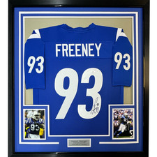 FRAMED Autographed/Signed DWIGHT FREENEY 33x42 Indianapolis Blue Jersey JSA COA