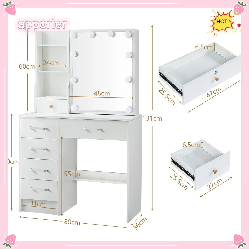 10 LED Lights Mirror Vanity Makeup Dressing Desk With USB Port for Xmas gifts US - Image 3 of 4