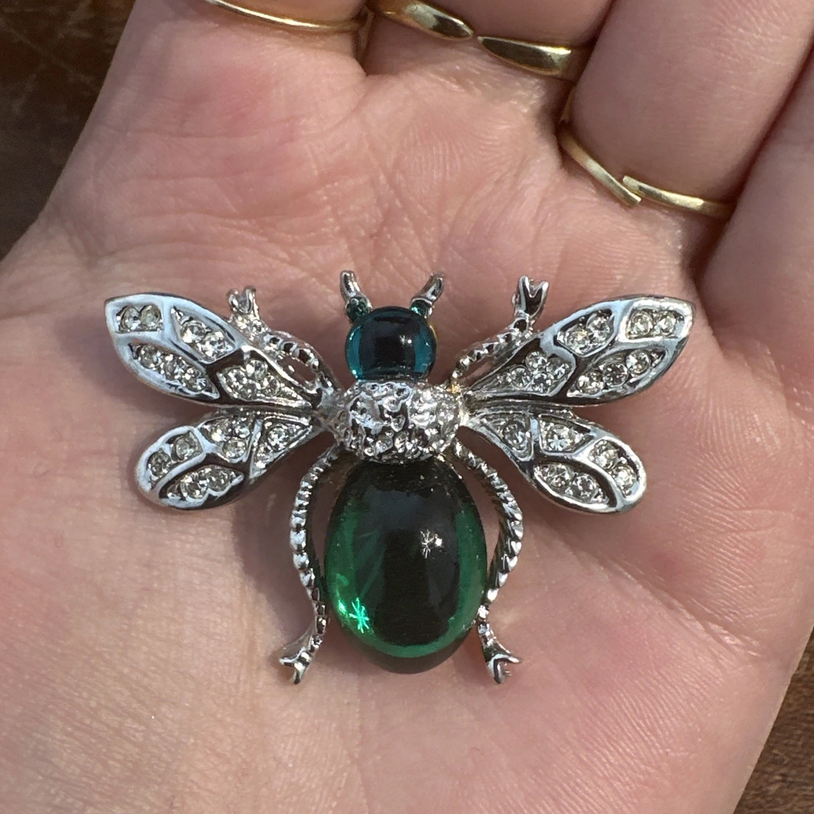 Petite Broche abeille/Bourdon ? Argentée Tête Abdomen Vert , Bijoux Fantaisie