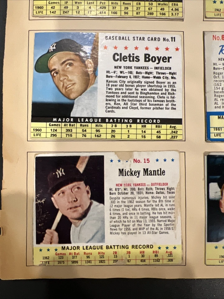 Tarjetas postales 1961 1962 y 63 (60) Mickey Mantle Aaron Mays Banks Koufax pobres Foto 2 de 4