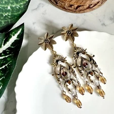 Antiqued Gold Baroque Bead Chandelier Earrings Art Deco Nouveau Vtg Style NEW