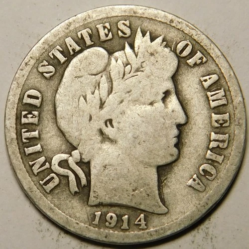 1914 D Barber Dime VG-F  90% Silver   "Actual Coin Pictured- Not Cleaned"