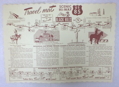 Travel Mat Placemat Scenic HI-WAY US85 Stops Between El Paso TX & Cheyenne, WY