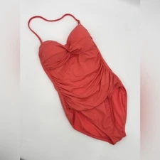 Liz Claiborne Womens Ruched One Piece Halter Swimsuit Size 8 Coral Slimming