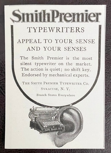 Appeal To Your Senses Ear 1905 SMITH PREMIER Model No.2 Vtg Typewriter Print Ad