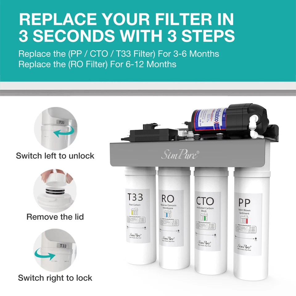 SimPure WP2-400GPD 8 Stage Under Sink RO Reverse Osmosis Water Filter System - Image 4 of 4