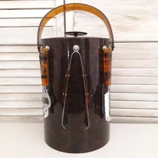 Vintage MCM Vinyl Ice Bucket Brown Tortoise Shell Plastic Handle, Bar Tools 11"