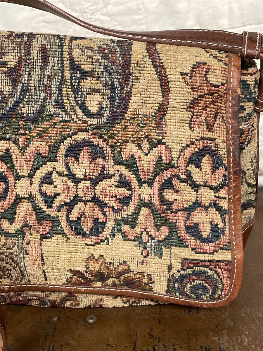 Vintage Fossil 1954 Tapestry Bag Satchel Purse Leather Handles 75082