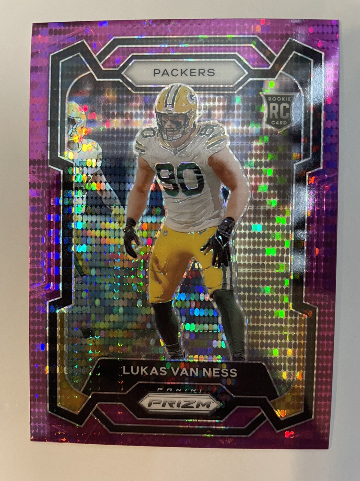 Lukas Van Ness RC 2023 Panini Prizm No. 336 Purple Pulsar Green Bay Packers