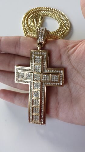 MENS HIP HOP GOLD LARGE CROSS PENDANT W/ 36" FRANCO CHAIN NECKLACE - Picture 2 of 10