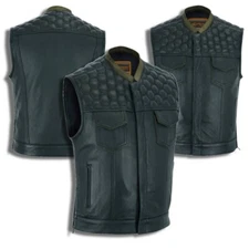 Men’s leather vest - Biker Leather Vest without Collar Design & Concealed Pocket
