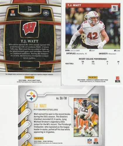 Lotto 3 Card: TJ Watt 2022-23 Panini Select Donruss Score - UW Badgers Steelers - Foto 2 di 2