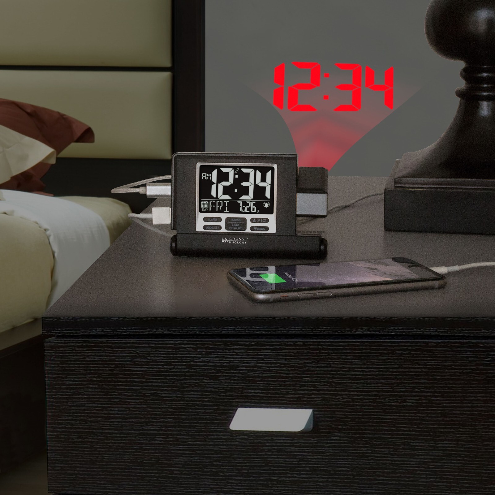 616A-56647 La Crosse Technology Travel Projection Alarm Clock with USB Port