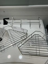 2 Tier Metal Corner Bathroom Storage Shelves, Matching Towel Rack + Adhesives