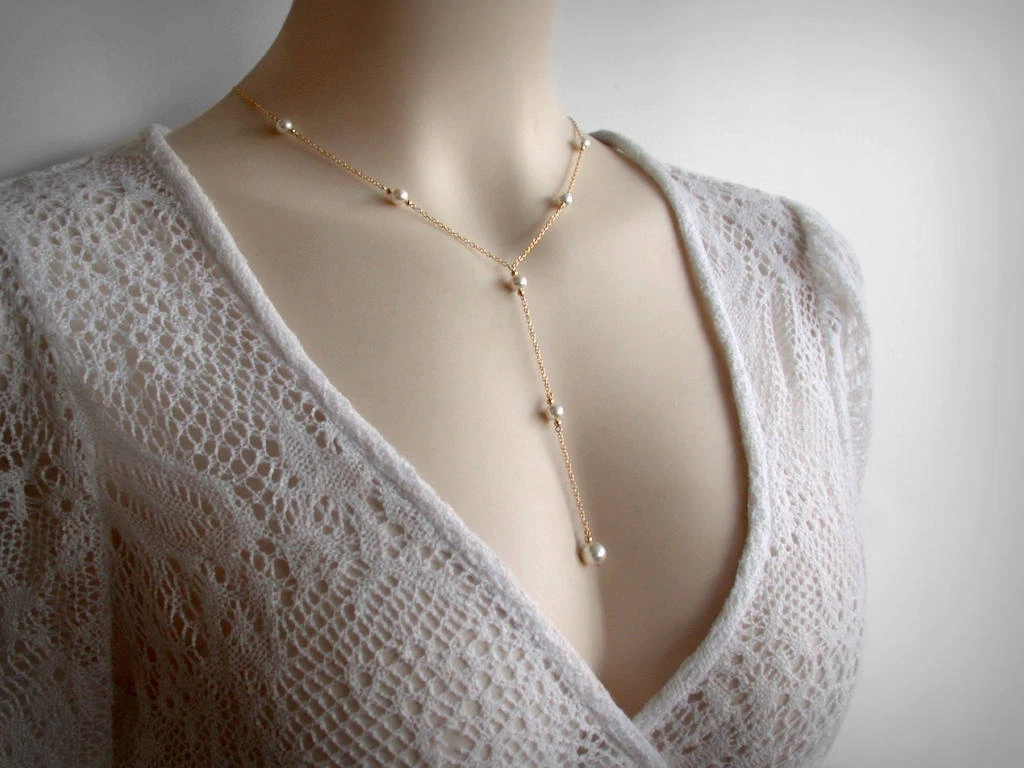 Y Lariat Necklace 14K Gold Filled Swarovski Faux Pearls. Long Sexy Necklace