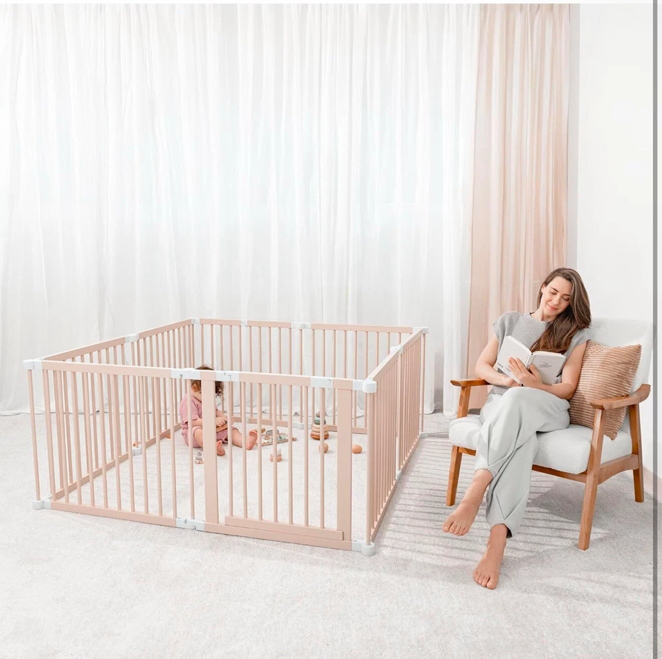 Parque infantil y puerta para bebé para niños pequeños y bebés, barrera de madera plegable Foto 2 de 4