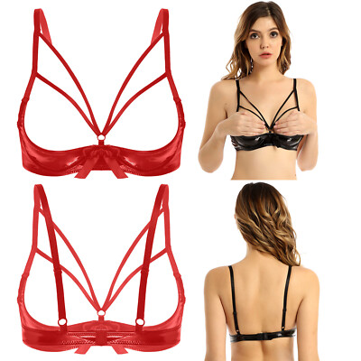 Women Wet Look PVC Leather Exposed 1/4 Cups Shelf Bra Underwired Push Up Bra Top