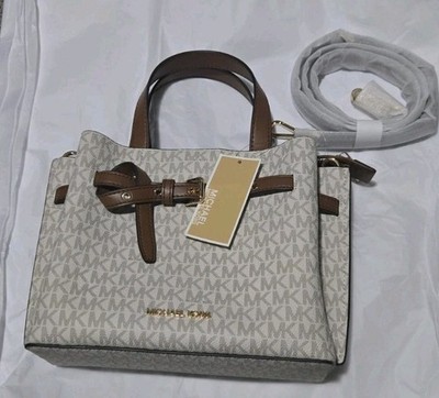 AUTHENTIC Michael Kors Emilia Small Satchel/Crossbody Tan/Wht Leather Signature