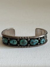NAVAJO Handmade Sterling Silver Turquoise Row Cuff Bracelet Signed C Y EUC!