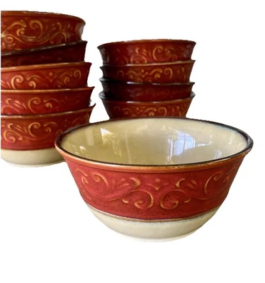 Pier 1 Imports Soup Bowl Red Scroll Ceramic Embossed Cereal Bowl Discontinued