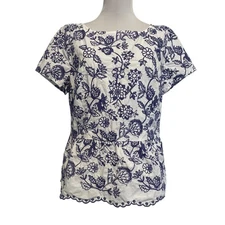 Talbots Embroidered Floral Peplum Top Womens Size 10 White Blue Scalloped Hem
