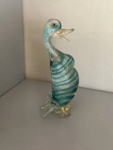 New ListingVintage Murano Italy Filigrana Teal And Gold  Swirl Duck Glass Hand Blown Glass