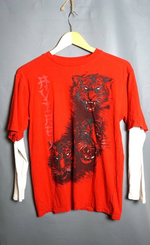 Vtg Avirex Mens Size Red Long Sleeve Shirt Y2K Tiger Graphic -Youth Size Slim L