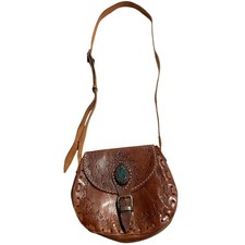 VTG Hand Tooled Leather Crossbody Bag Small Purse Stone Brown Hippie Boho