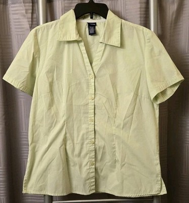 Basic Editions Blouse Top Button-Up Womens Size Med Light Green Short Sleeve