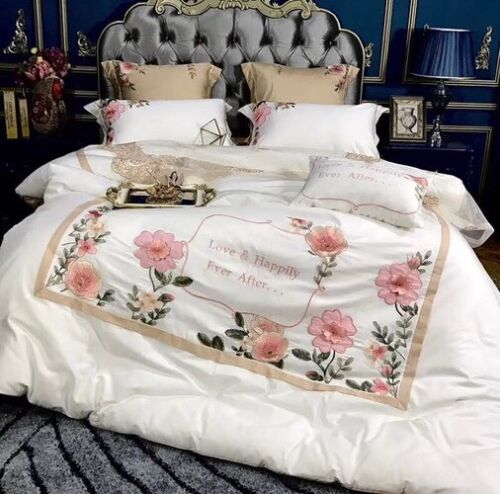 Luxury 3D Flower Embroidery Egyptian Cotton Bedding Set  Cover Bed Sheet  4pcs - Afbeelding 1 van 10